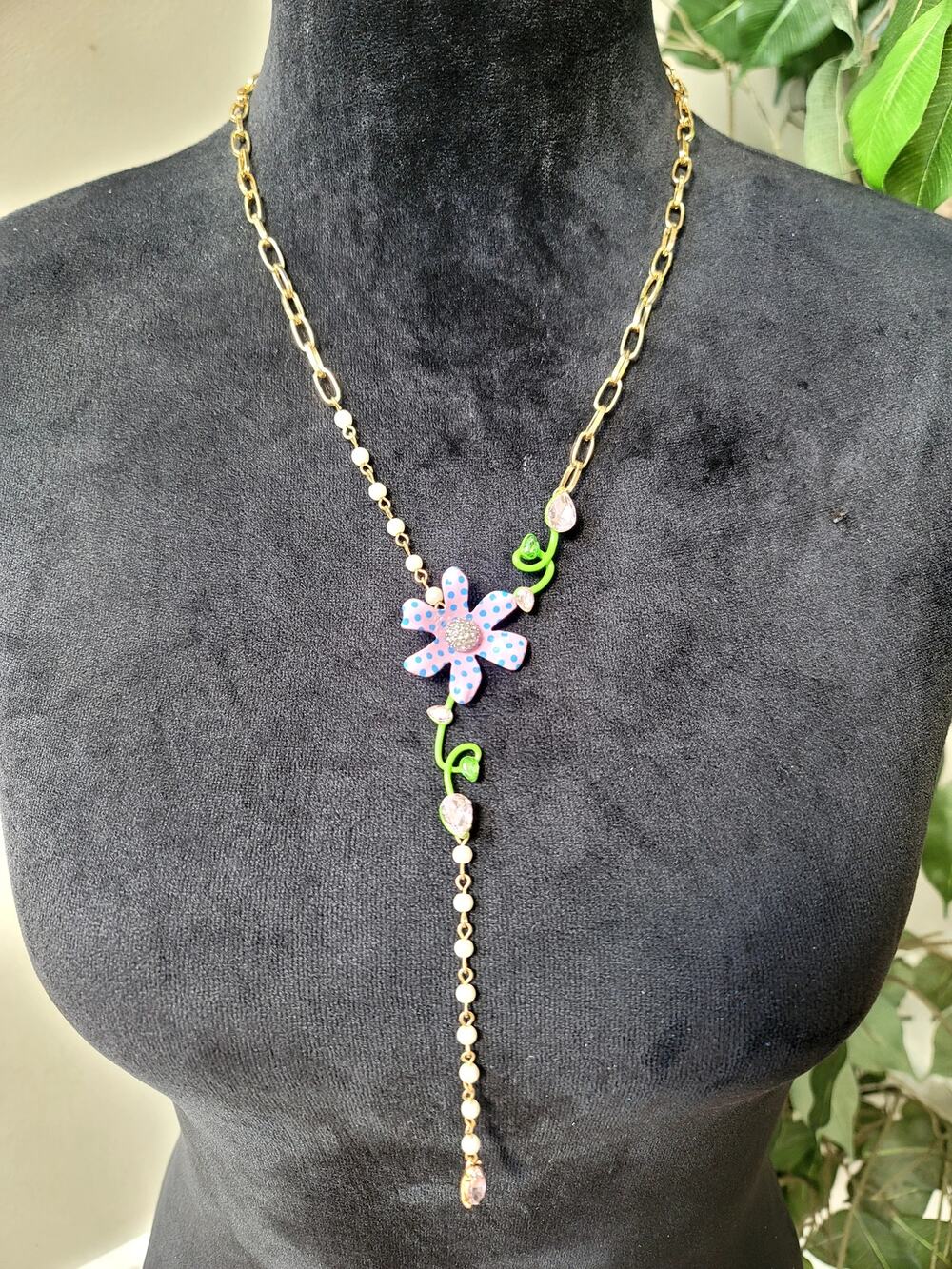 Gold Tone Purple Flower Y Drop Necklace Rhinestone Floral Lariat Jewelry